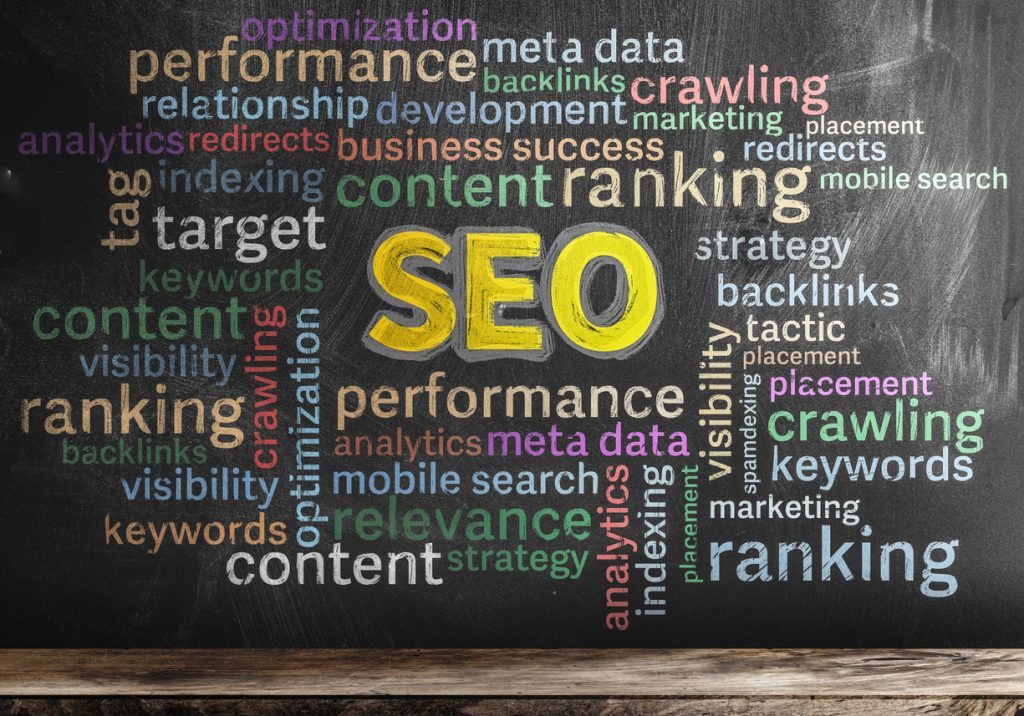 multicolored SEO search engine optimization word cloud on blackboard