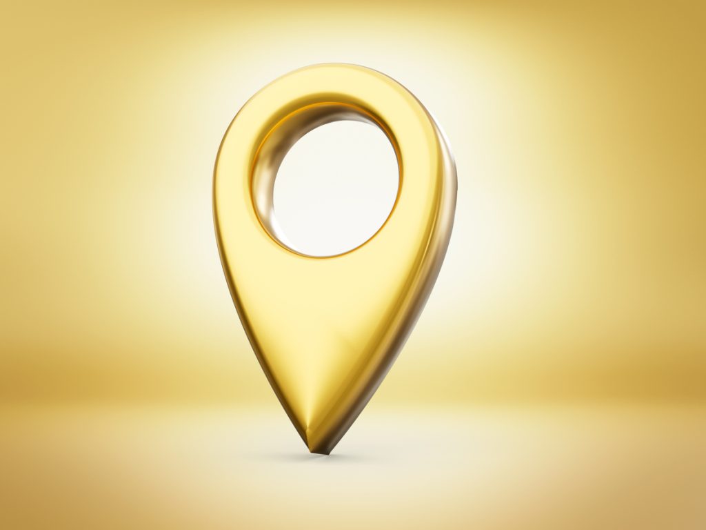 3d shiny golden light golden location icon on golden background 3d illustration